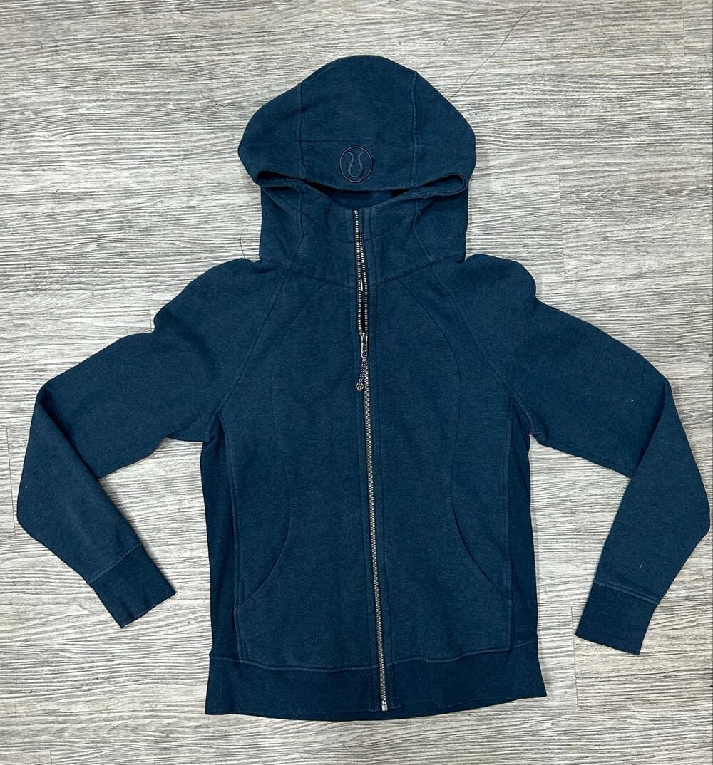 Lululemon Scuba Hoodie Full Zip Navy Blue Heathered Size 10 Thumbholes EUC